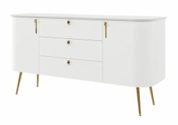 Commode Palauli 03 | Blanc mat | 158 x 47 x 82 cm | 3 tiroirs | 2 portes | Pieds métal or | Soft Close