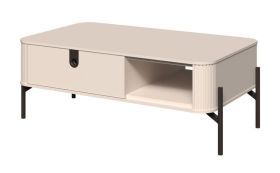 Table basse avec tiroir | 43 x 110 x 65 cm | Finition cachemire mate | Système Soft Close | Pieds en métal | Relief décoratif