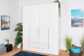 Armoire penderie Siumu 29 | Blanc & Blanc brillant | 224 x 182 x 56 cm | 4 portes, 2 tiroirs, Soft Close