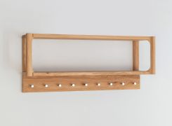 Portemanteau / 9 crochets / Bois massif / Chêne huilé / Avec étagère / Couleur : Chêne / 83 x 22 x 36 cm / Seille 21