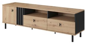 Meuble TV bas moderne Gardane 02 | Chêne & Anthracite | 49 x 165 x 40 cm | 1 porte, 2 tiroirs