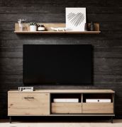 Meuble TV bas avec étagère murale Medenine 03 | Chêne / Noir | 49/17 x 165 x 40 cm | Style moderne