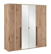 Armoire penderie 2 portes miroir | Chêne | 209 x 200 x 57 cm | 6 étagères, 3 tringles, poignées noires | Design élégant