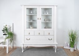 Vitrine Bignona 05 | Pin blanc élégant | 158 x 125 x 42 cm | 2 portes vitrées, 4 tiroirs