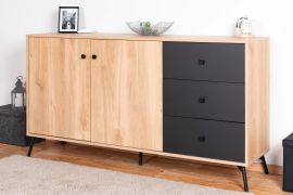 Buffet Lincolnia 04 | Chêne / Noir | 85 x 160 x 40 cm | 2 portes, 3 tiroirs, 4 niches