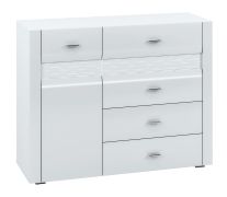 Commode Heber 07 blanche | 1 porte, 4 tiroirs, 2 niches | 94 x 119 x 42 cm | Finition brillante moderne