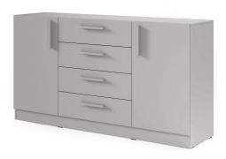Commode / Couleur : Gris platine / 156 x 40 x 85 cm / 2 portes / 4 tiroirs / Chants ABS / 4 compartiments / 2 étagères / Edegem 07