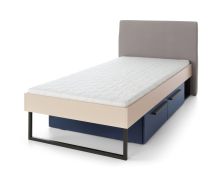 Lit 1 place avec 2 tiroirs Authie 12 | Beige & Bleu foncé | Couchage 90 x 200 cm | Tête de lit tissu | Bords ABS