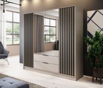 Armoire avec miroir Leeds 34 | Cachemire et lamelles noires | 200 x 206 x 51 cm | 4 portes, 2 tiroirs, 10 compartiments