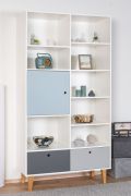 Chambre d'enfant - Étagère Syrina 15, Couleur : Blanc / Gris / Bleu - Dimensions : 202 x 105 x 45 cm (H x L x P)