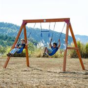 Tour de jeux KidsFun | portique à deux balançoires et trapèze de gymnastique avec anneaux | 299 × 180 × 208 cm | 7 trous prépercés pour différents types de balançoires | chaînes anti-pincement