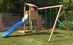 Tour de jeux / Tour à grimper Emil avec balançoire double, bac à sable, toboggan à vagues et toit en bois FSC®.