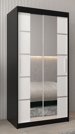 Armoire à portes coulissantes / Penderie Jan 01D avec miroir, Couleur : Noir / Blanc mat - Dimensions : 200 x 100 x 62 cm (H x L x P)