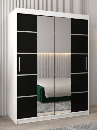 Armoire à portes coulissantes / Penderie Jan 03D avec miroir, Couleur : Blanc mat / Noir - Dimensions : 200 x 150 x 62 cm (H x L x P)