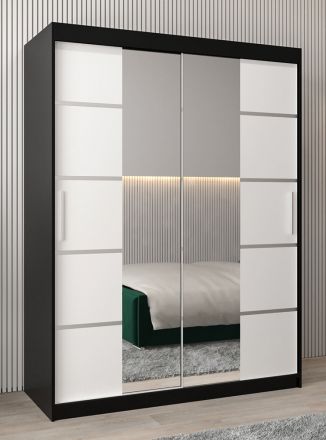 Armoire à portes coulissantes / Penderie Jan 03D avec miroir, Couleur : Noir / Blanc mat - Dimensions : 200 x 150 x 62 cm (H x L x P)