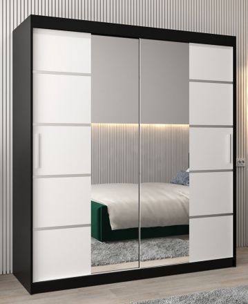 Armoire à portes coulissantes / Penderie Jan 04D avec miroir, Couleur : Noir / Blanc mat - Dimensions : 200 x 180 x 62 cm (H x L x P)