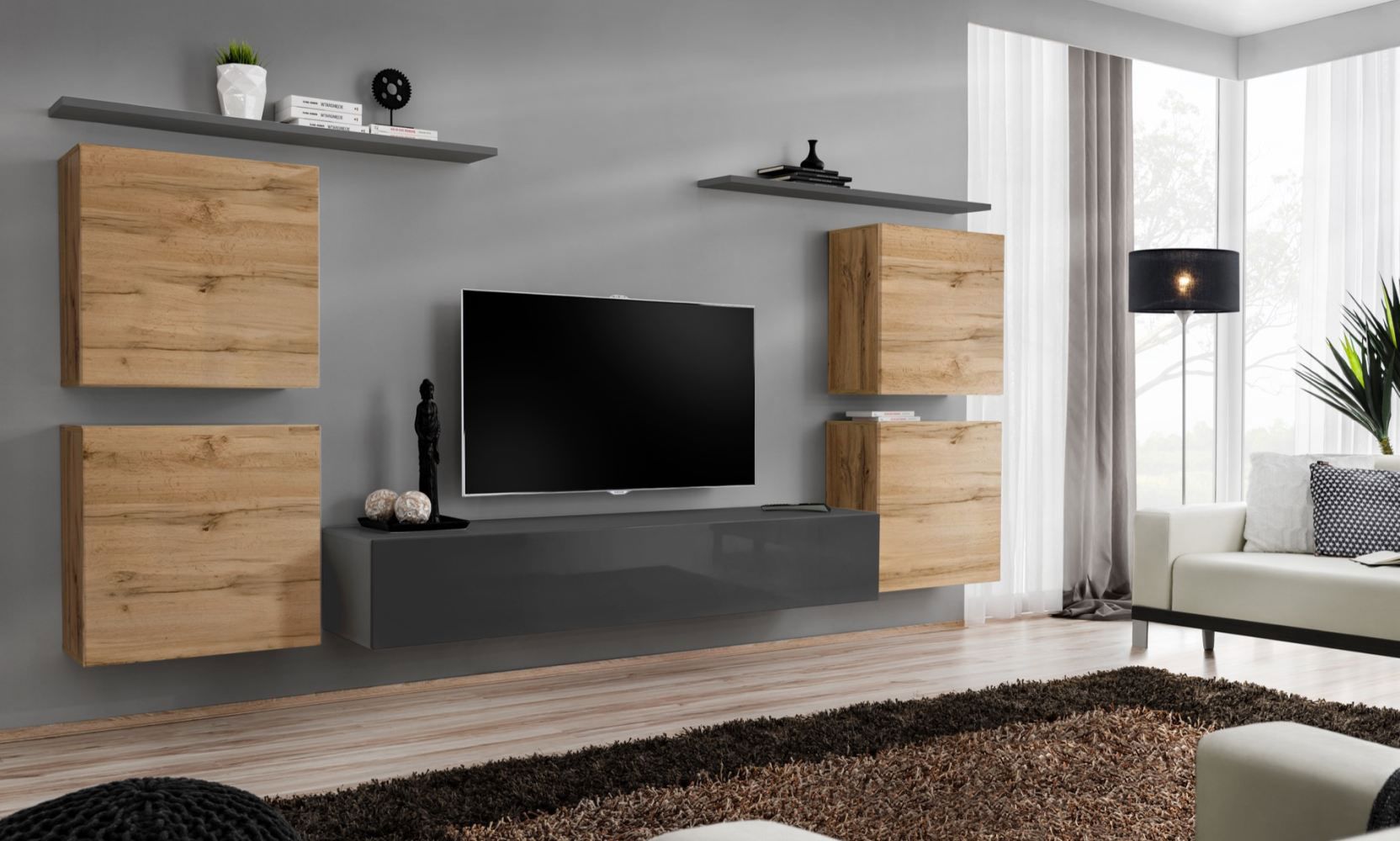 Elégant meuble-paroi Balestrand 63, couleur : chêne wotan / gris - dimensions : 150 x 320 x 40 cm (h x l x p), avec suffisamment d'espace de rangement