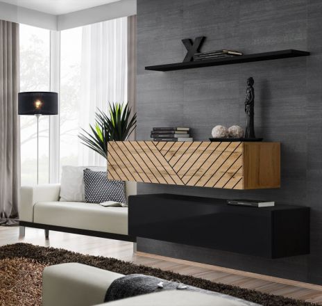 Deux meubles bas TV / Armoires suspendues Kongsvinger 123, Couleur : Chêne Wotan / Noir brillant - dimensions : 110 x 130 x 30 cm (h x l x p), avec grand espace de rangement