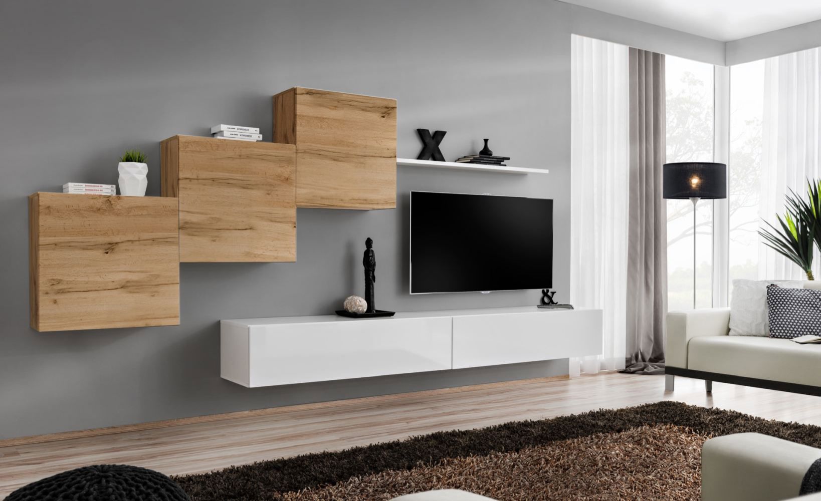 Mur de salon au design stylé Balestrand 155, Couleur : Chêne wotan / Blanc - dimensions : 150 x 330 x 40 cm (h x l x p), avec grand espace de rangement