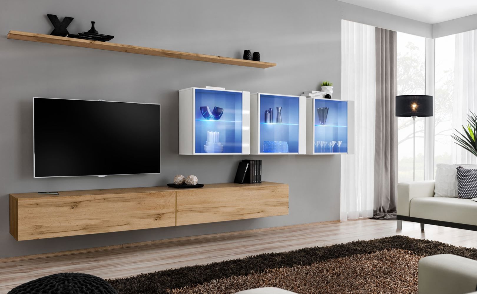 Elégant meuble-paroi Balestrand 267, couleur : chêne wotan / blanc - dimensions : 150 x 340 x 40 cm (h x l x p), avec fonction push-to-open