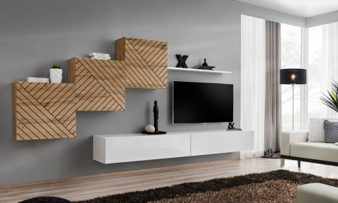 Elégant meuble-paroi Kongsvinger 70, couleur : chêne wotan / blanc brillant - dimensions : 150 x 330 x 40 cm (h x l x p), avec suffisamment d'espace de rangement