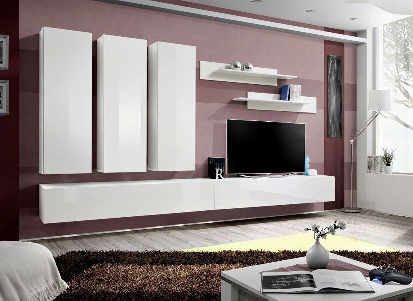 Mur de salon avec grand espace de rangement Hompland 42, Couleur : Blanc - Dimensions : 170 x 320 x 40 cm (h x l x p), avec fonction push-to-open