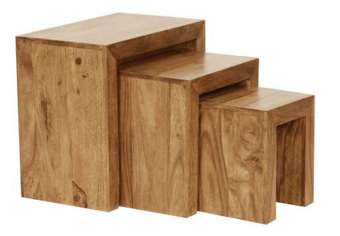 Set de 3 tables en bois massif d'acacia, Couleur : Acacia - dimensions : 50 x 30 x 45 cm (h x l x p), avec de belles veinures naturelles du bois