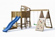 Tour de jeux Benno avec balançoire individuelle, balcon, bac à sable, échelle de corde, table de pique-nique, corde à grimper, portique, toboggan ondulé et toit en bois FSC®.