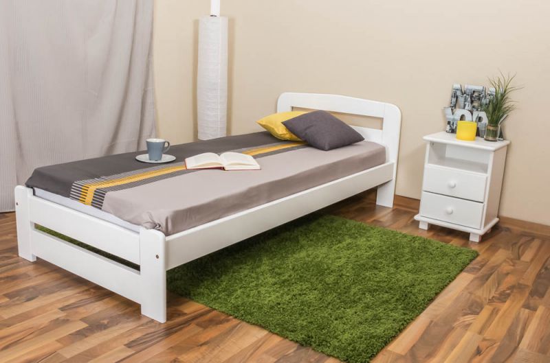 Lit simple / lit d'appoint en bois de pin massif, laqué blanc A7, avec sommier à lattes - Dimensions : 90 x 200 cm