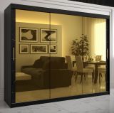 Armoire avec trois portes miroir Hochfeiler 96, Couleur : Noir / Marbre noir - Dimensions : 200 x 250 x 62 cm (h x l x p), avec 10 compartiments et deux tringles à vêtements