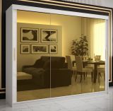 Armoire moderne avec trois grandes portes à miroir Hochfeiler 95, Couleur : Blanc / Marbre blanc - Dimensions : 200 x 250 x 62 cm (h x l x p), avec 10 compartiments et deux tringles à vêtements