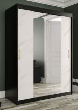 Armoire avec grand miroir Ätna 58, Couleur : Noir mat / Marbre blanc - Dimensions : 200 x 150 x 62 cm (h x l x p), avec deux tringles à vêtements