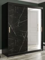 Armoire moderne avec une porte miroir Etna 85, Couleur : Noir mat / Marbre noir - Dimensions : 200 x 180 x 62 cm (h x l x p), avec 10 compartiments et deux tringles à vêtements