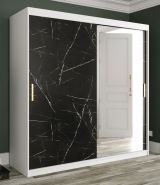Armoire moderne avec une porte miroir Etna 91, Couleur : Blanc mat / Marbre noir - Dimensions : 200 x 200 x 62 cm (h x l x p), avec 10 compartiments