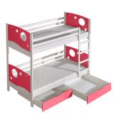 Lit d'enfant / lit superposé Milo 27 avec 2 tiroirs, couleur : blanc / rose, partiellement massif, couchette : 80 x 190 cm (L x l), divisible