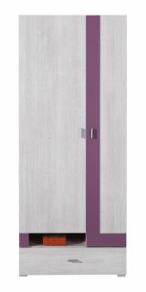 Chambre d'adolescents - armoire à portes battantes / armoire "Emilian" 03, pin blanchi / violet - Dimensions : 195 x 80 x 50 cm (h x l x p)