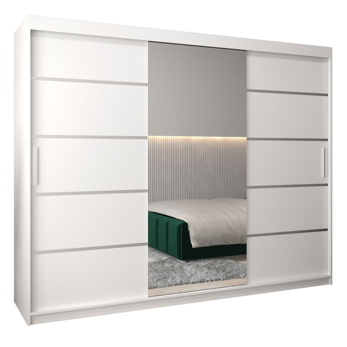 250 cm de large Armoire à portes coulissantes avec 3 portes | 10 casiers | 2 tringles à vêtements | Couleur: Blanc