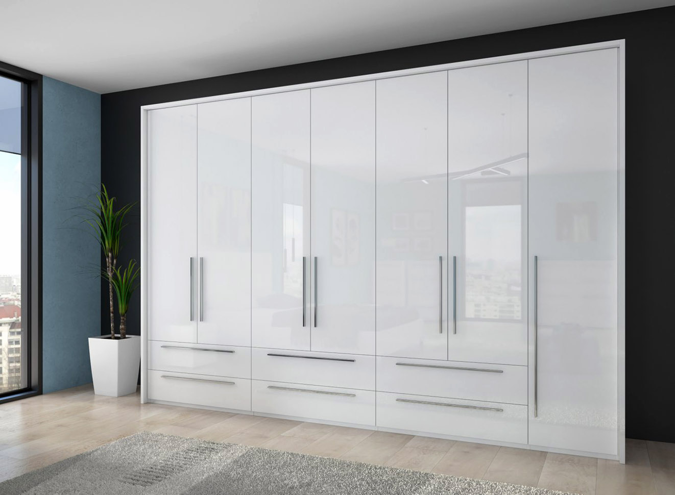 Grande Armoire | 7 portes battantes | 6 tiroirs | 6 casiers | avec 4 tringles à vêtements | 322 cm de large | Couleur: Blanc