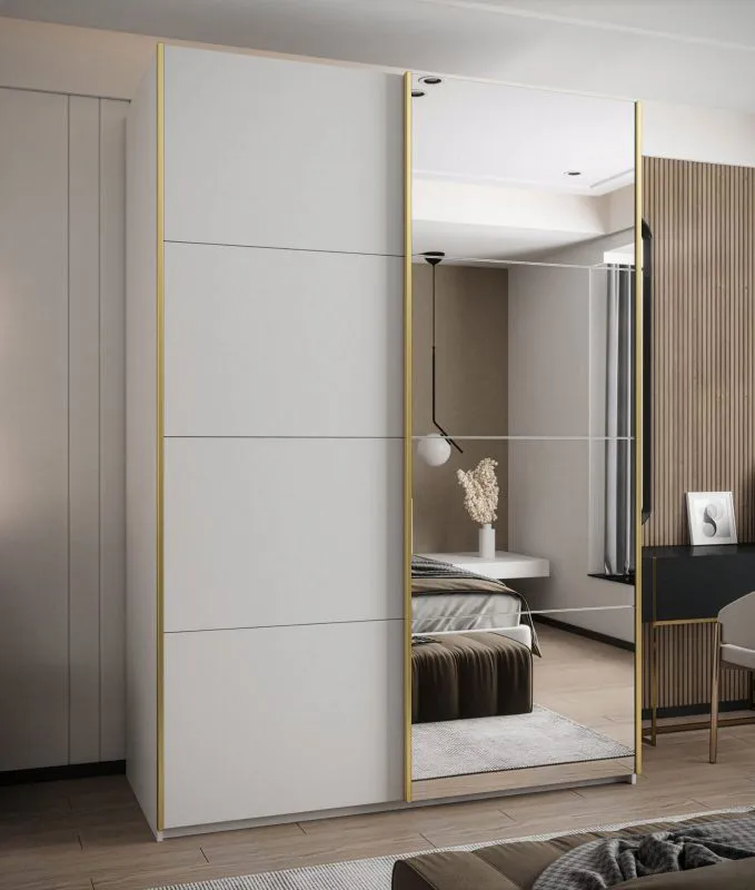 Penderie / Armoire à portes coulissantes / 245,5 x 180 x 64 cm / 2 tringles à vêtements / Miroir / Soft-Close / 11 compartiments / 2 portes coulissantes / Couleur : Blanc