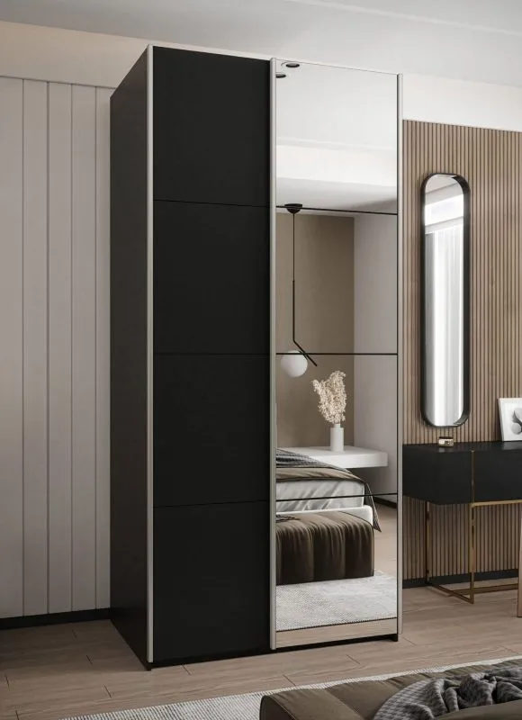 Penderie / Armoire à portes coulissantes / 2 tringles à vêtements / Couleur : Noir / Miroir / Soft-Close / 245,5 x 100 x 64 cm / 2 portes coulissantes / 6 compartiments