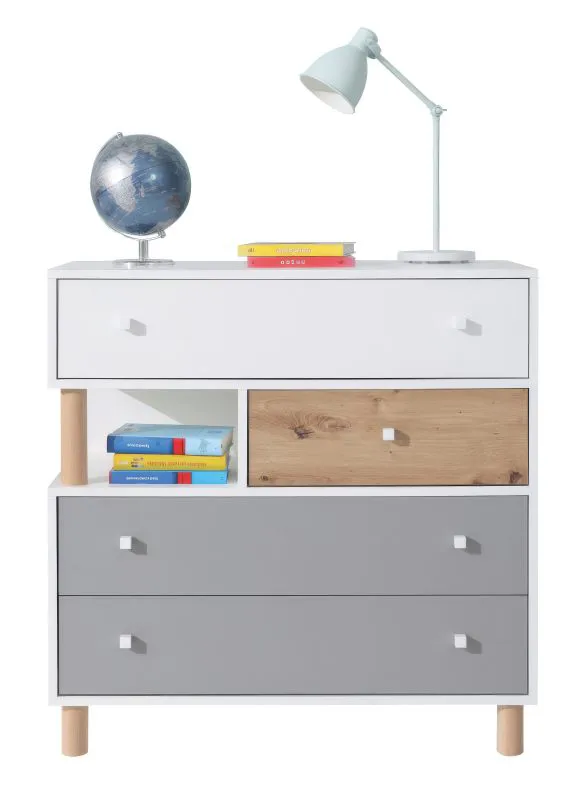 Commode Burdinne 11 pour chambre ado | Blanc / Chêne / Gris | 90 x 90 x 40 cm | Rangement moderne