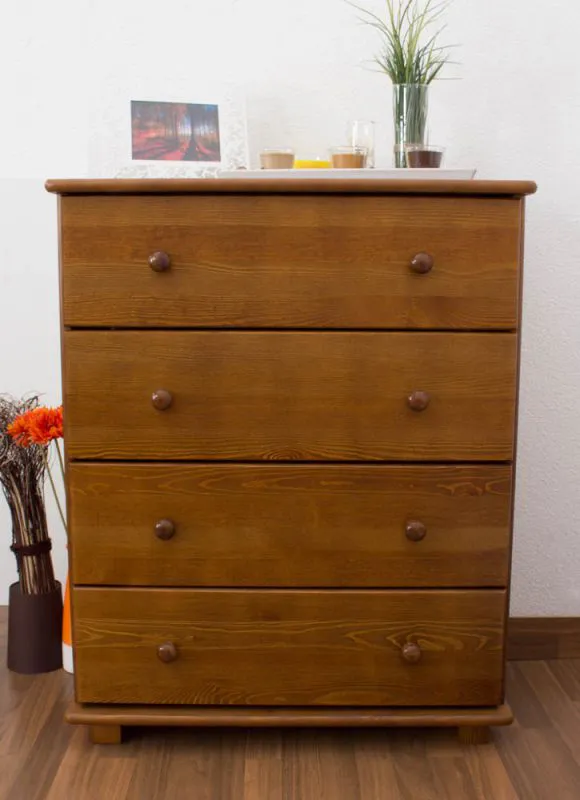 Commode en pin massif couleur chêne 018 | 4 tiroirs | 100 x 80 x 42 cm | Design moderne et robuste