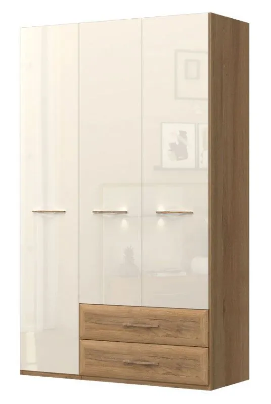 Armoire penderie Gataivai 36 | Beige brillant & Noyer | 224 x 137 x 56 cm | 3 portes, 2 tiroirs