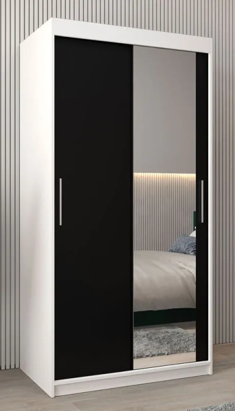 Armoire à portes coulissantes Bisaurin 1C avec miroir | Blanc mat / Noir | 200 x 100 x 62 cm | Rangement gain de place