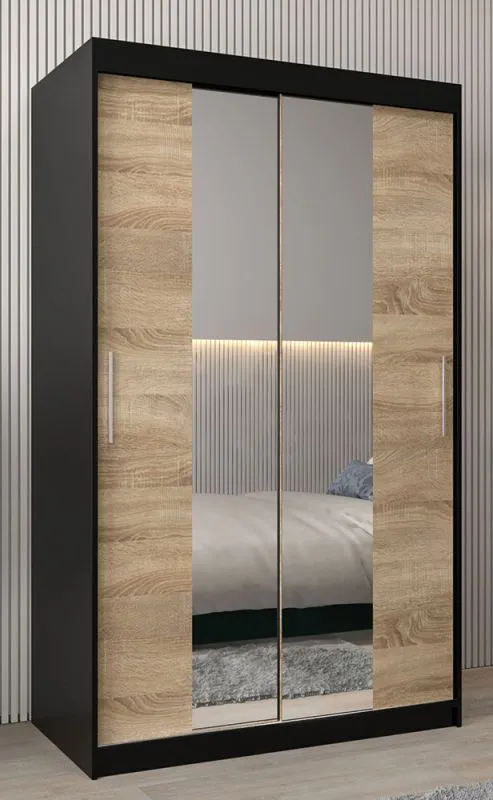Armoire à portes coulissantes Bisaurin 2B avec miroir | Noir & chêne Sonoma | 200 x 120 x 62 cm