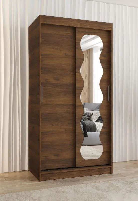 Penderie / Armoire à portes coulissantes / Couleur : Noyer / Rails en aluminium / 1 mètre de large / Une porte avec miroir / Deux tringles à vêtements / Cinq casiers