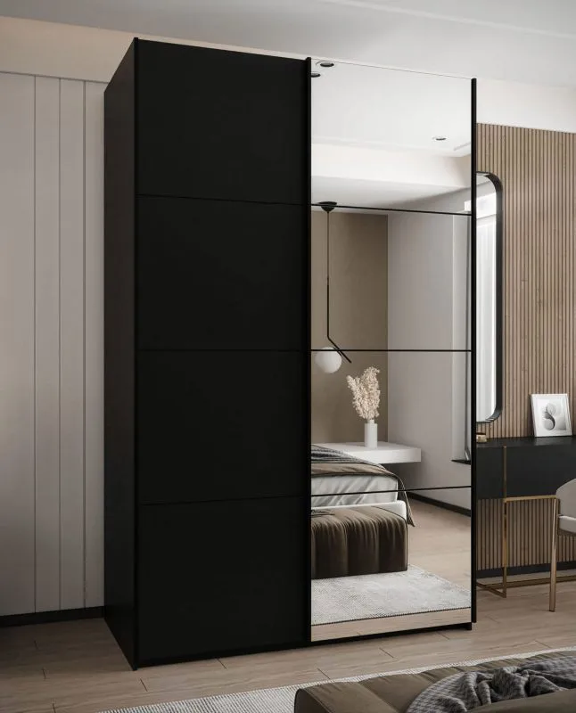 Penderie / Armoire à portes coulissantes / 245,5 x 160 x 64 cm / 2 tringles à vêtements / Couleur : Noir / 2 portes coulissantes / Miroir / 11 compartiments / Soft-Close