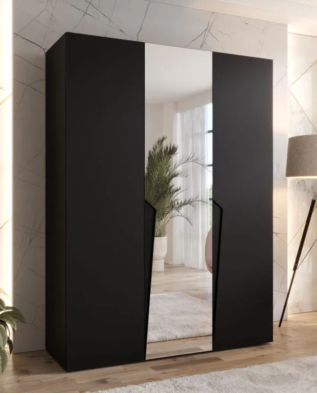 Armoire à portes battantes / Penderie / Couleur : Noir / 1 porte à miroir / Poignées : Noir / 2 compartiments / Soft-Close / 2 tringles à vêtements / Dimensions : 150 x 52 x 202 cm / ABS
