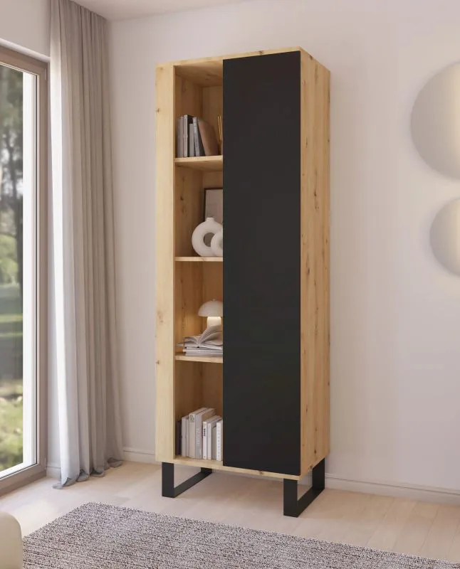 Bibliothèque / Couleur : Chêne Artisan / Noir / Fonction Push-to-open / 1 porte / Dimensions : 60 x 40 x 174 cm / 8 compartiments / Porte réversible / Pieds : métal