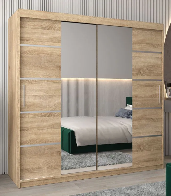Armoire à portes coulissantes Jan 05D avec miroir | Chêne Sonoma | 200 x 200 x 62 cm | Design moderne
